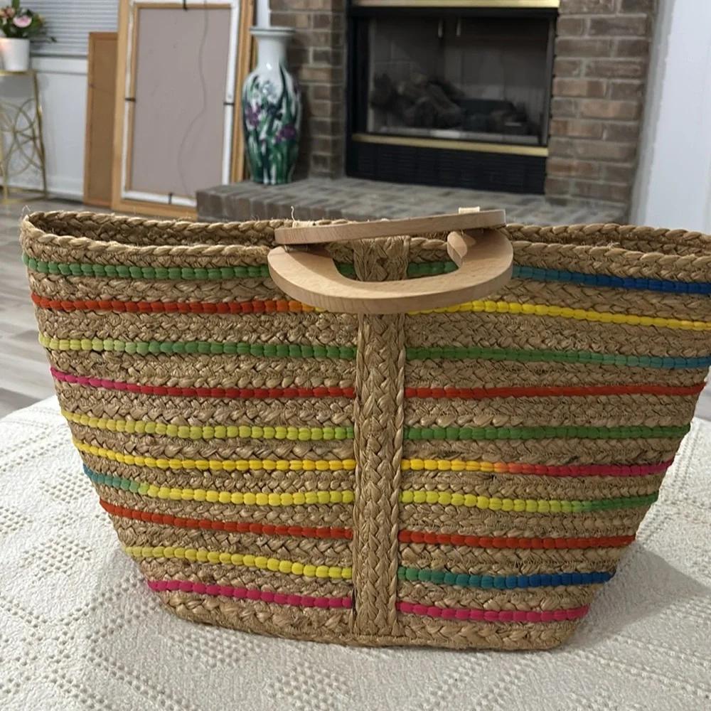 Antik Kraft Rainbow Boho Beach Hippie Woven Jute Basket Bag‎
